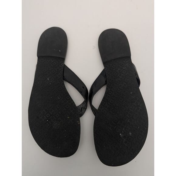 Tory Burch Sandals Thong Thora 9 M Black Patent Leather Flip Flops Logo - Picture 3 of 4